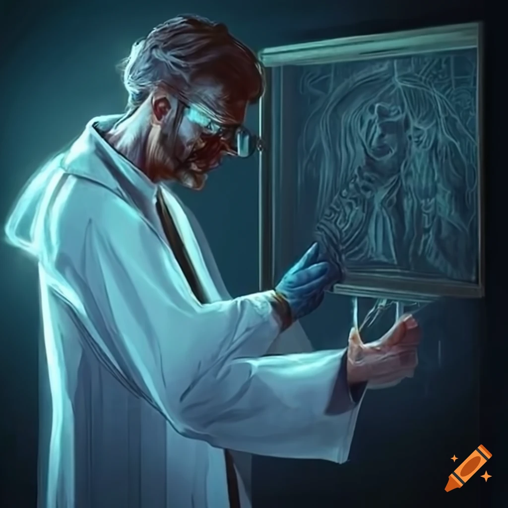 Dr. Zachary Zephyr in a lab coat with ancient Greek gods sketches and scientific formulas on a chalkboard