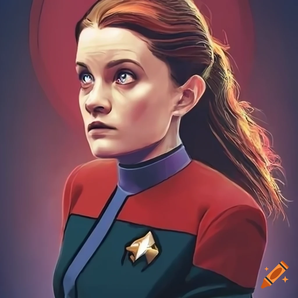 Sigrid as young Captain Kathryn Janeway on starship Voyager in vibrant Star Trek poster art