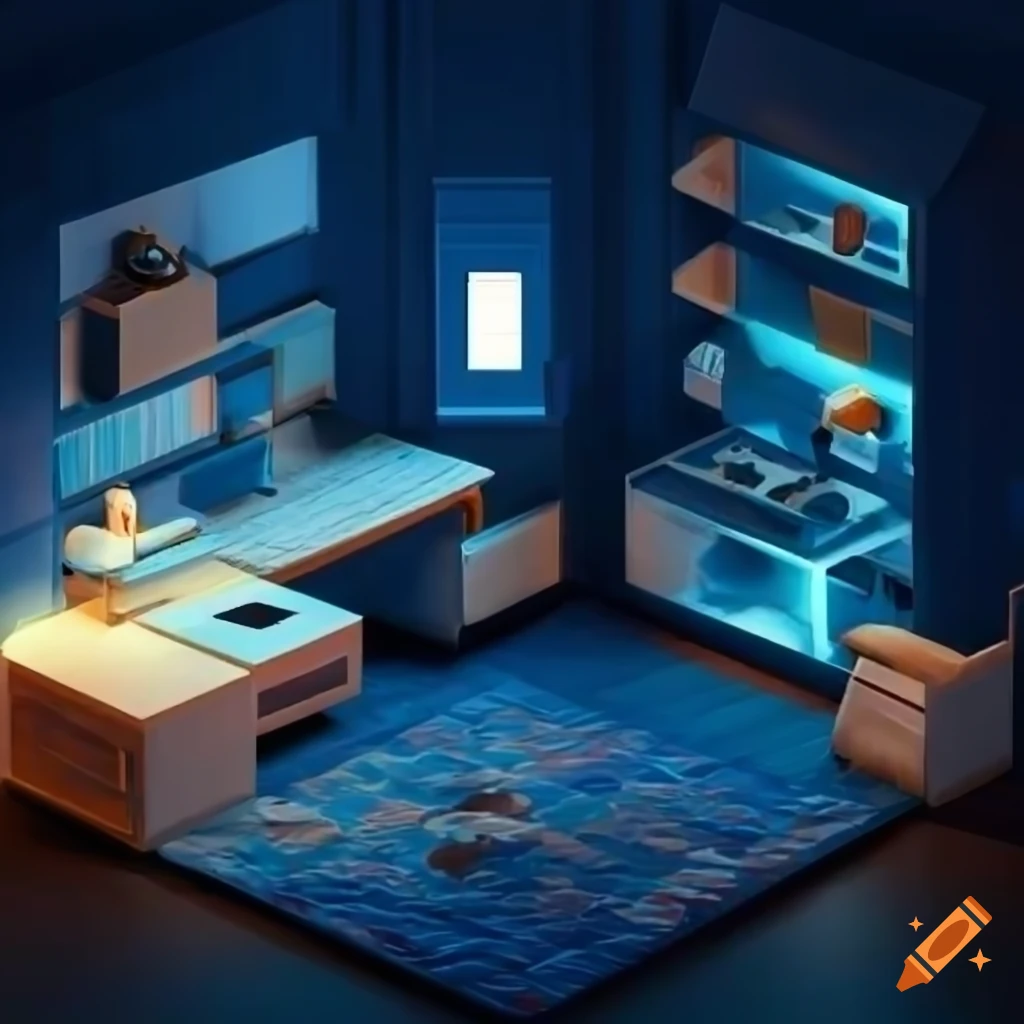 Isometric cube cozy room with desk, chair, and light
