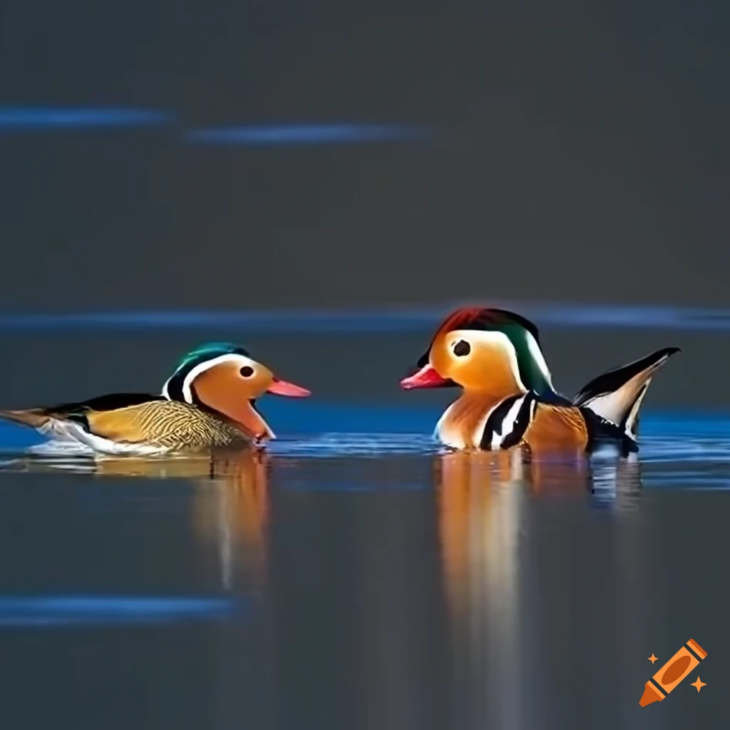 Mandarin ducks admiring their reflection in a moonlit lake