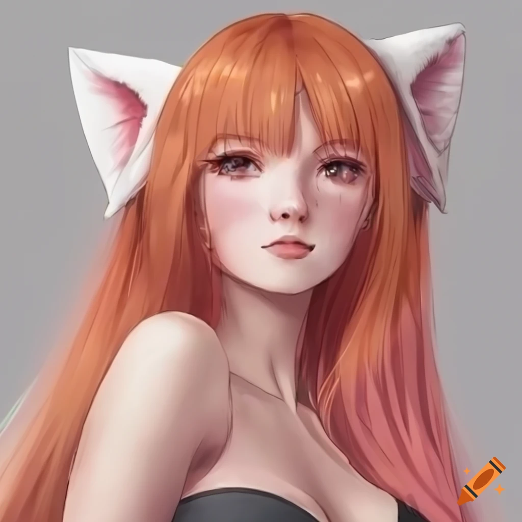 Anime girl with red panda ears, long orange hair with pink tips, and pink eyes in semi-realistic style