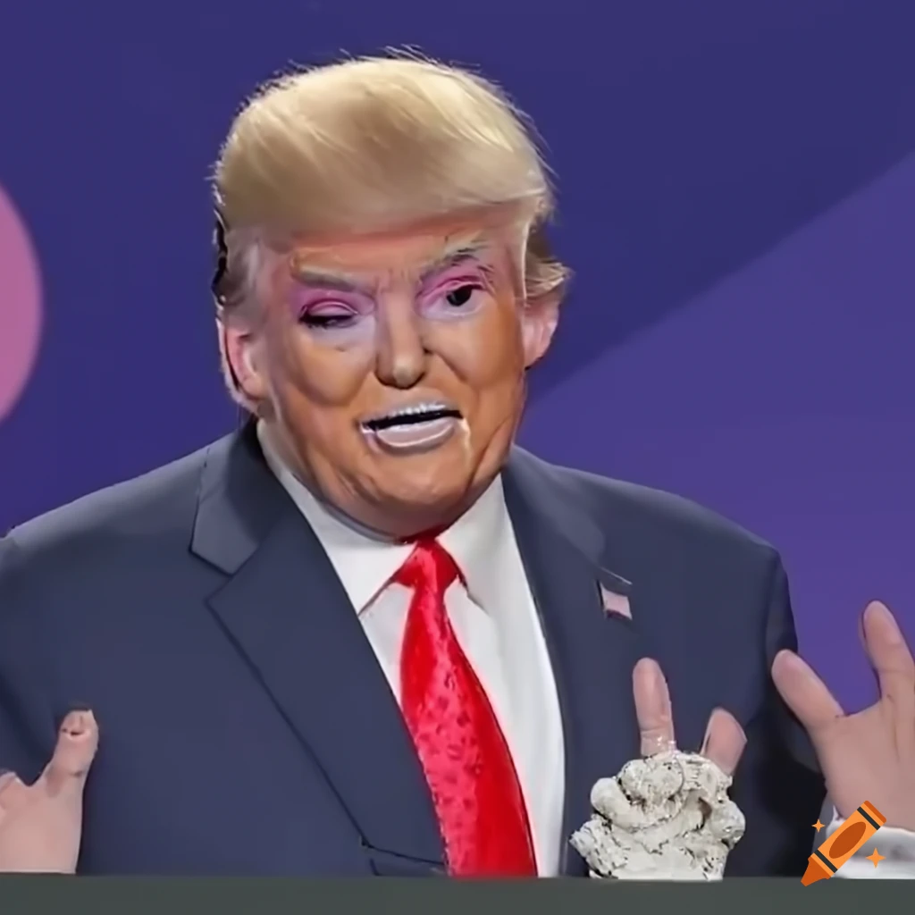 Satirical depiction of a politician with heavy makeup and sweating profusely during a debate