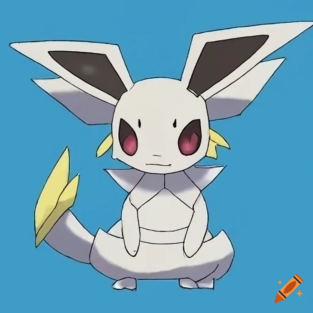 Armored knight-like steel Eeveelution with lance tail and forehead horn in official Pokémon art
