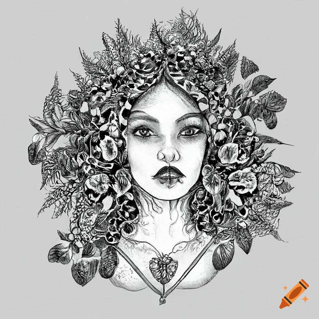 Intricately detailed elderberry goddess in botanical watercolor style