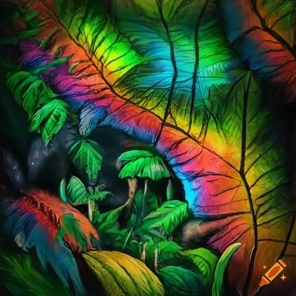 Rainbow-colored rainforest foliage in a sci-fi realism sketch