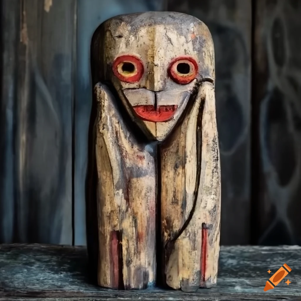Rustic wooden idol inspired by H. R. Giger painted in Piet Mondrian style