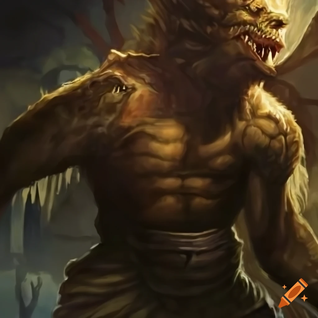 Chimera anomaly with Greek pillars background in Magic: The Gathering style