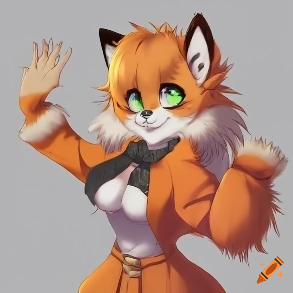 Anthropomorphic fox character with orange fur in anime style on a white background