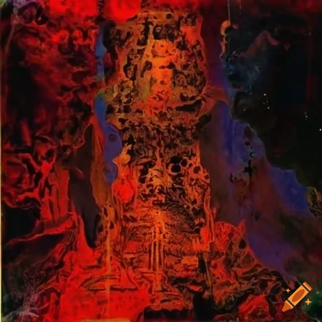 Baroque baron in an esoteric landscape inspired by artists like John Martin, H.R. Giger, and Salvador Dali