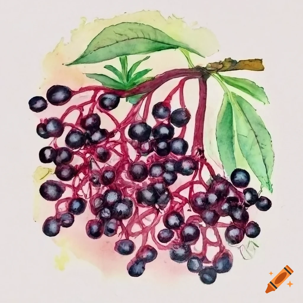 Intricately detailed watercolor painting of elderberry in botanical style