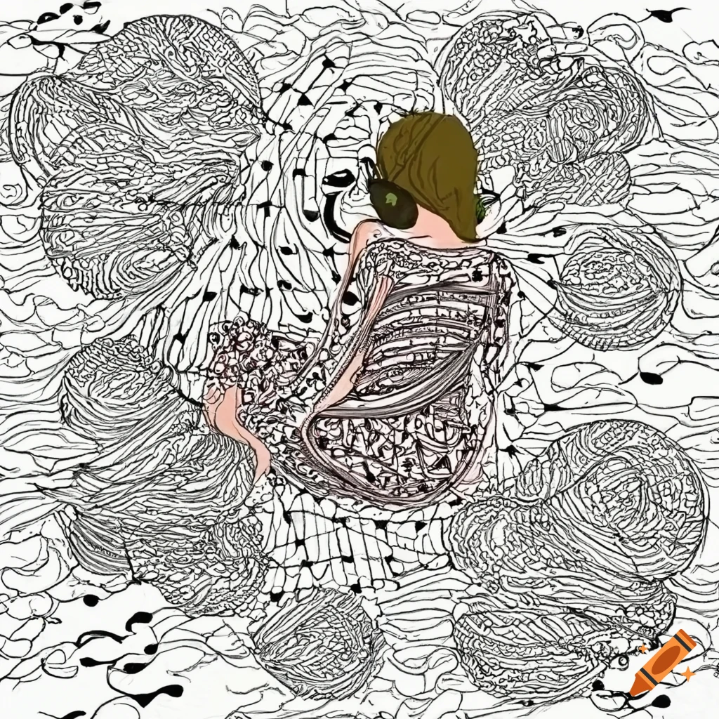 Woman listening to music on clouds in zentangle style