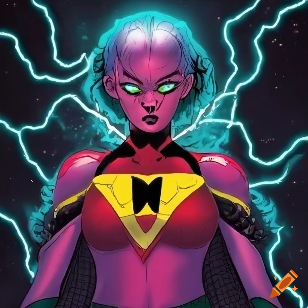 Moth and electricity-themed supervillain in the style of George Perez and Artgerm