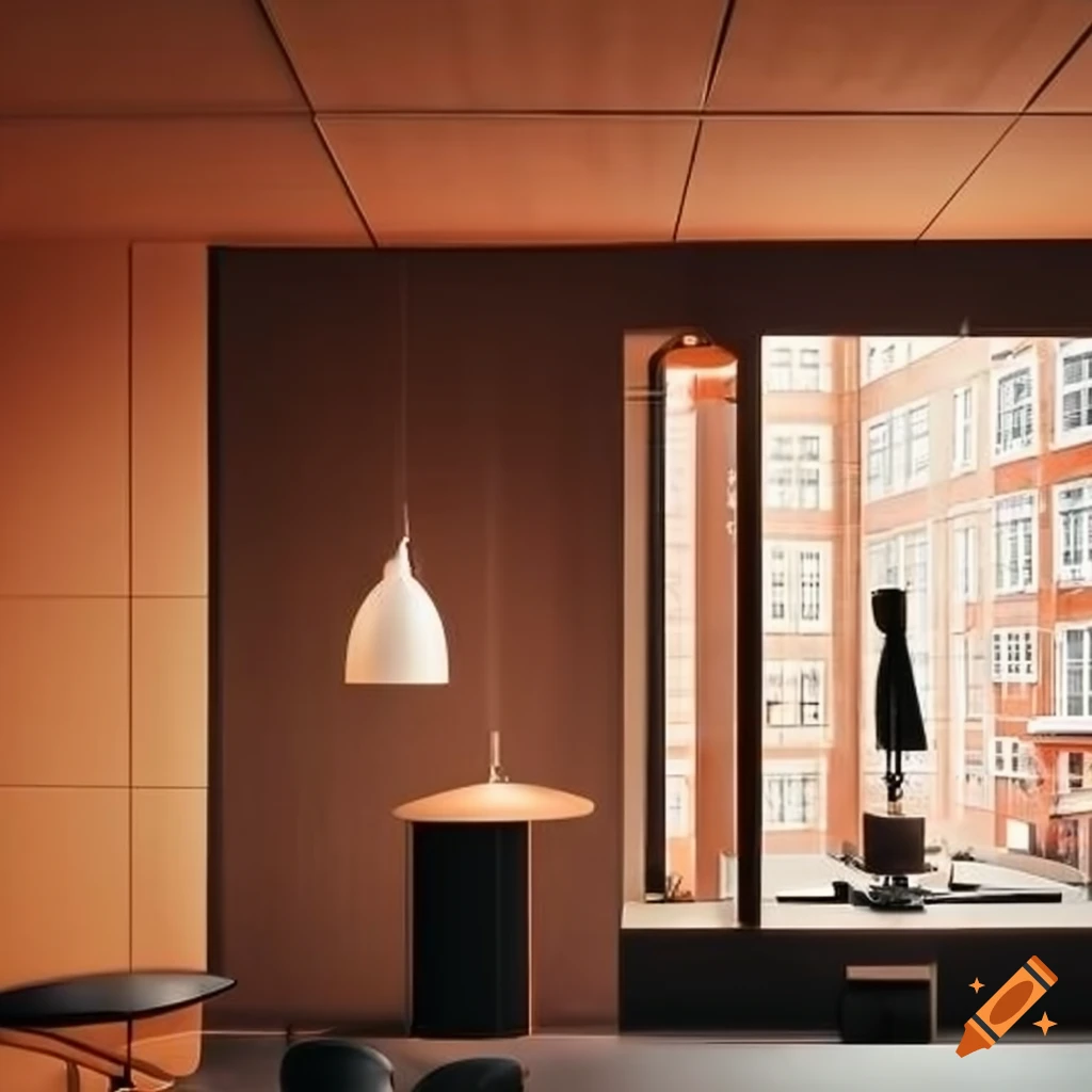 Modern interior design of a spacious Bang & Olufsen store in Copenhagen with earthy colors and large windows