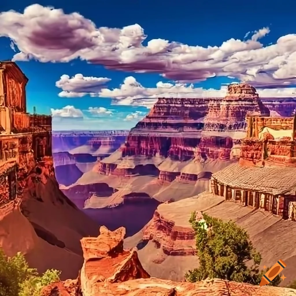 Old Western town with a busy saloon in Grand Canyon setting