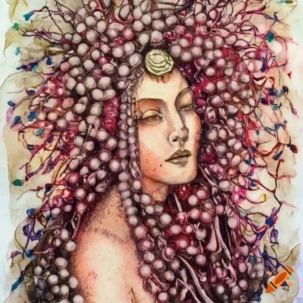Intricately detailed elderberry goddess in botanical watercolor style