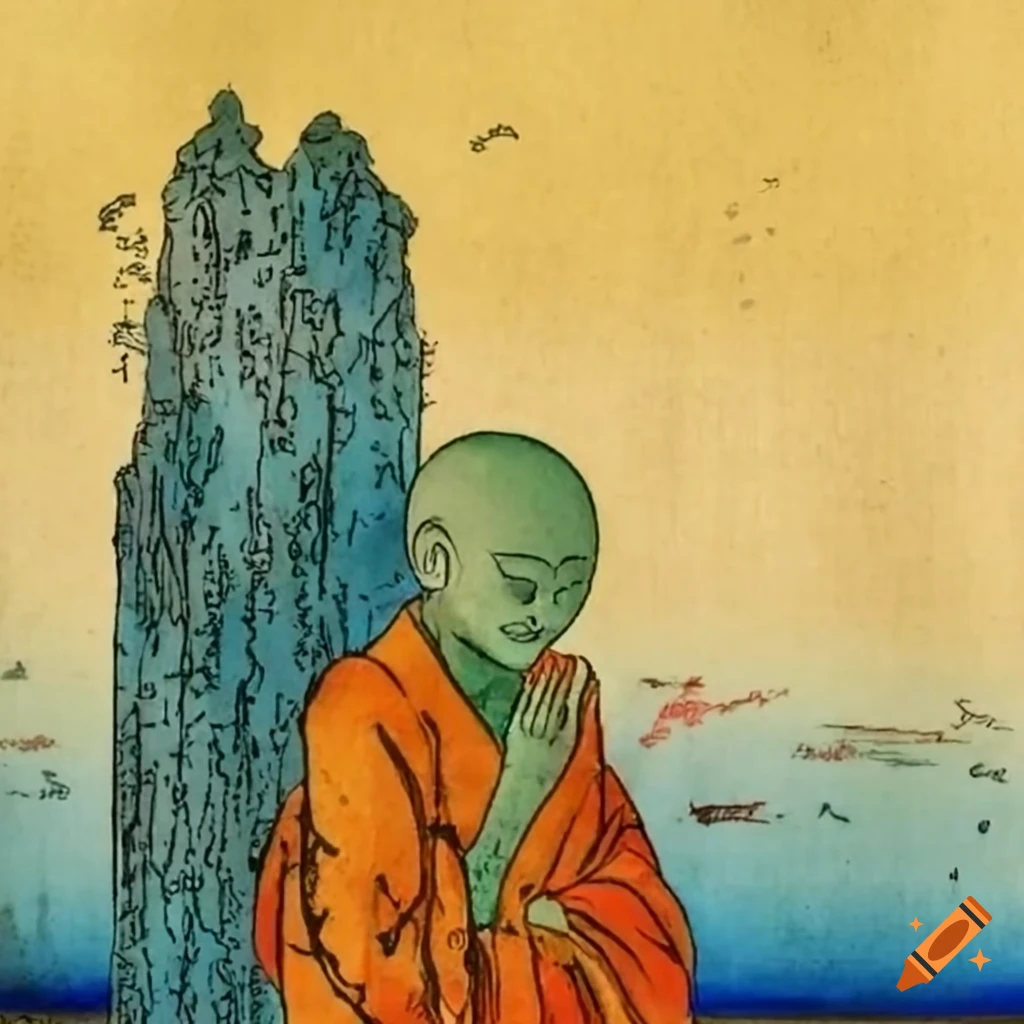 Alien Buddhist monks inspired by Hiroshige on Jupiter in 2088