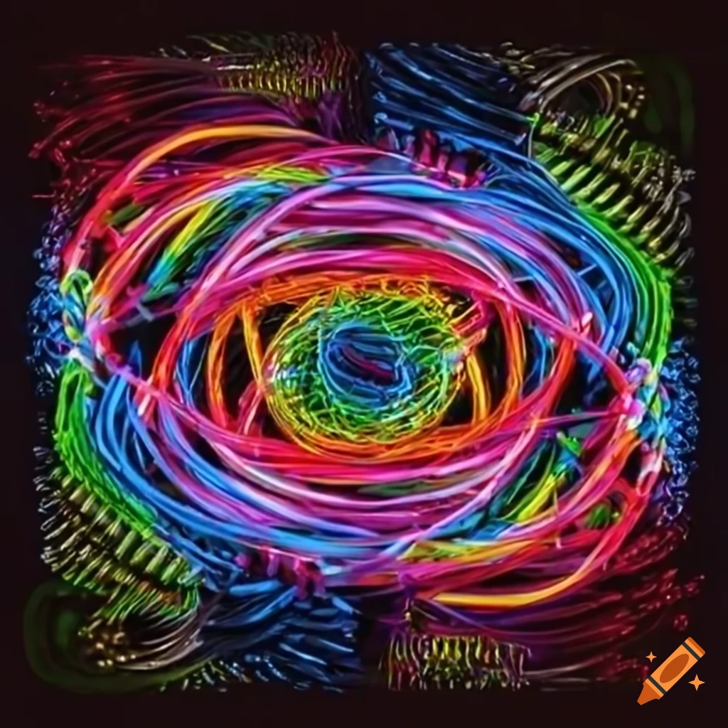 Intricate and colorful design of interconnected fiber optics cables