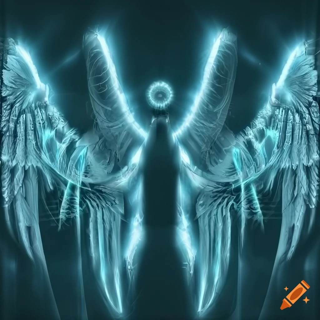 Glowing minimalist seamless cyborg Angel with fractal wings in dark room