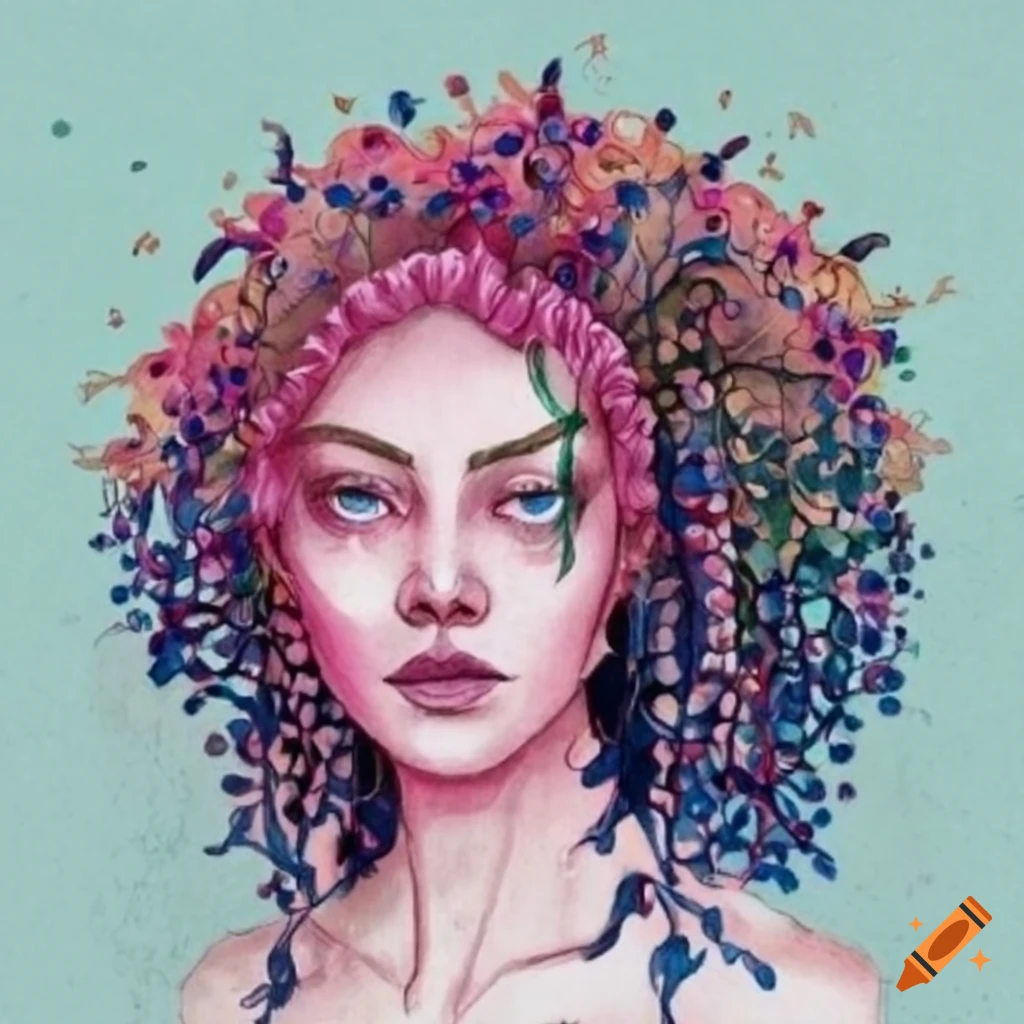 Intricately detailed elderberry goddess in botanical watercolor style