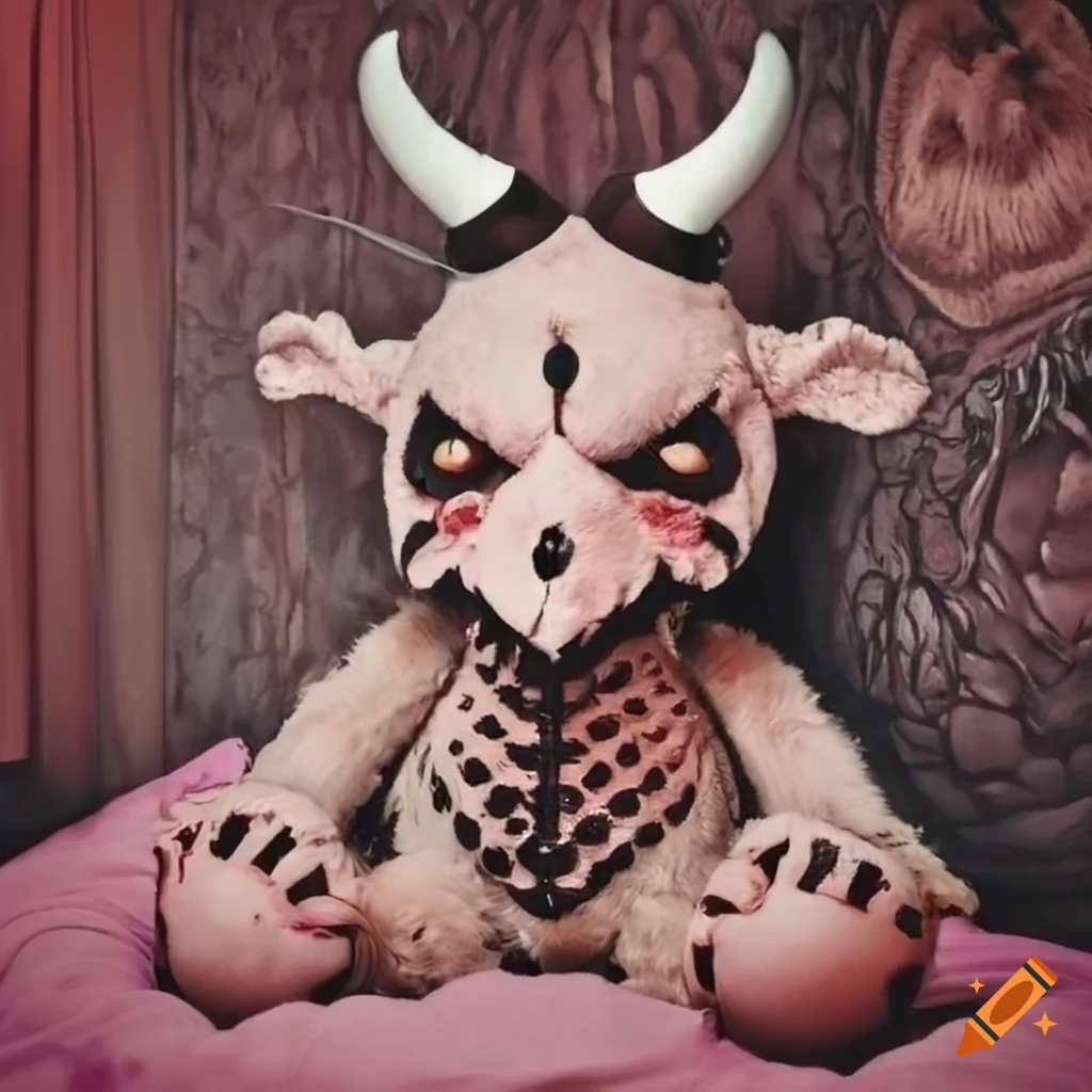 Cute creepy teddy baphomet with bull horns and fangs waiting to sleep