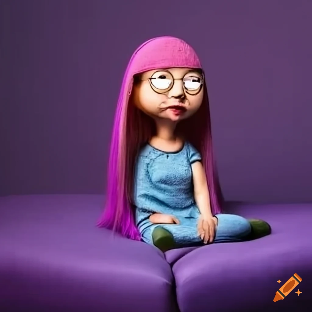 Cartoon character on purple couch