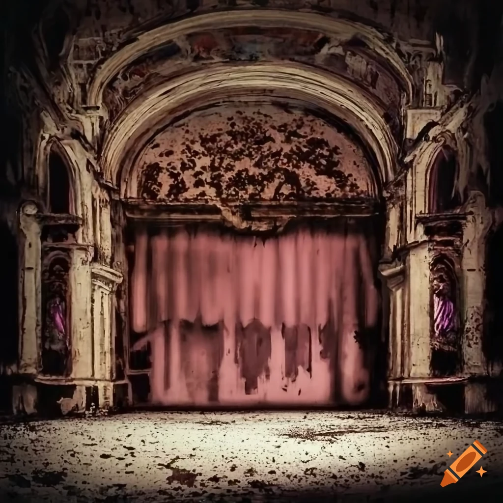 Elongated shadow dancers in an old abandoned theater, monochromatic oil painting