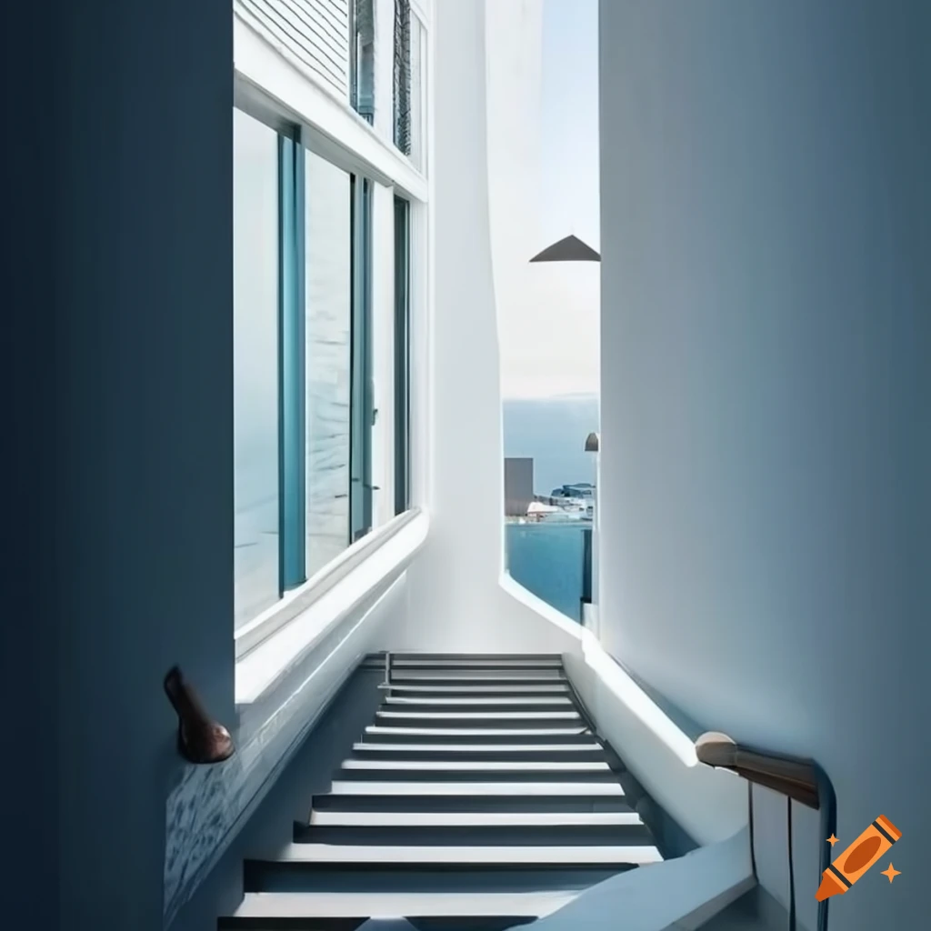 Labyrinthine white stair leading to a balcony overlooking a harbor