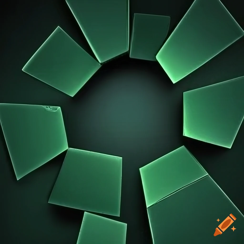 Abstract green rectangles on black background with random angles and rotations