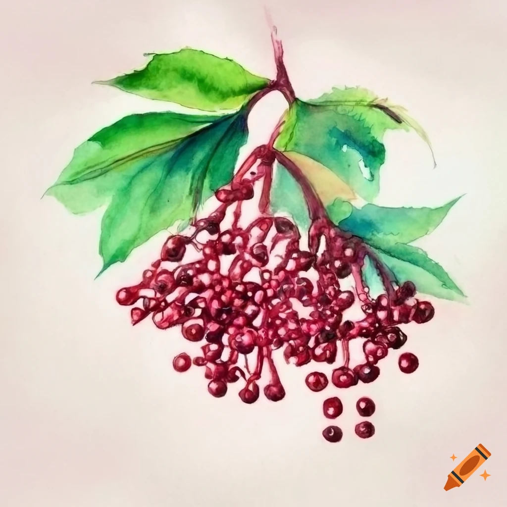 Intricately detailed watercolor elderberry in botanical style