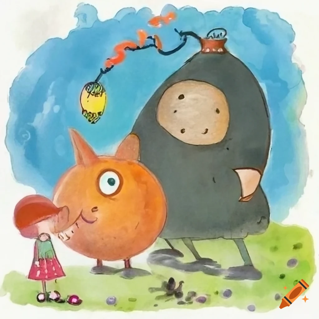 Children's book illustration of an anthropomorphised bomb character from "The Little Bomb That Could"