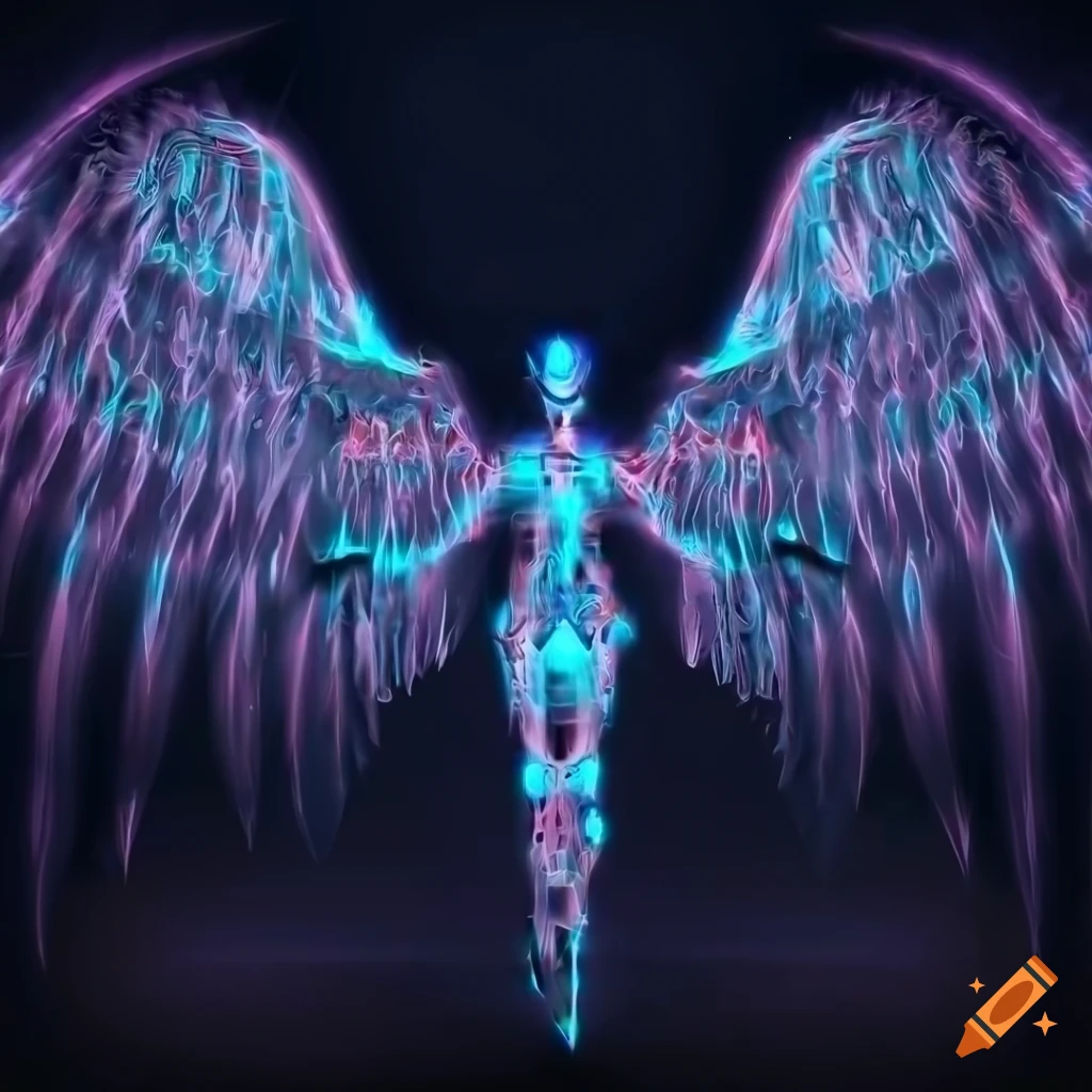 Glowing minimalist cyborg angel in a dark room with detailed fractal wings