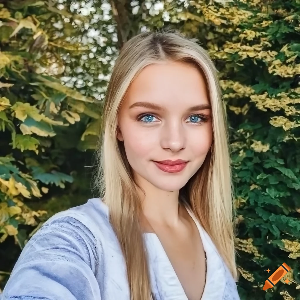 Realistic portrait of a girl with a friendly smile and pale blonde hair