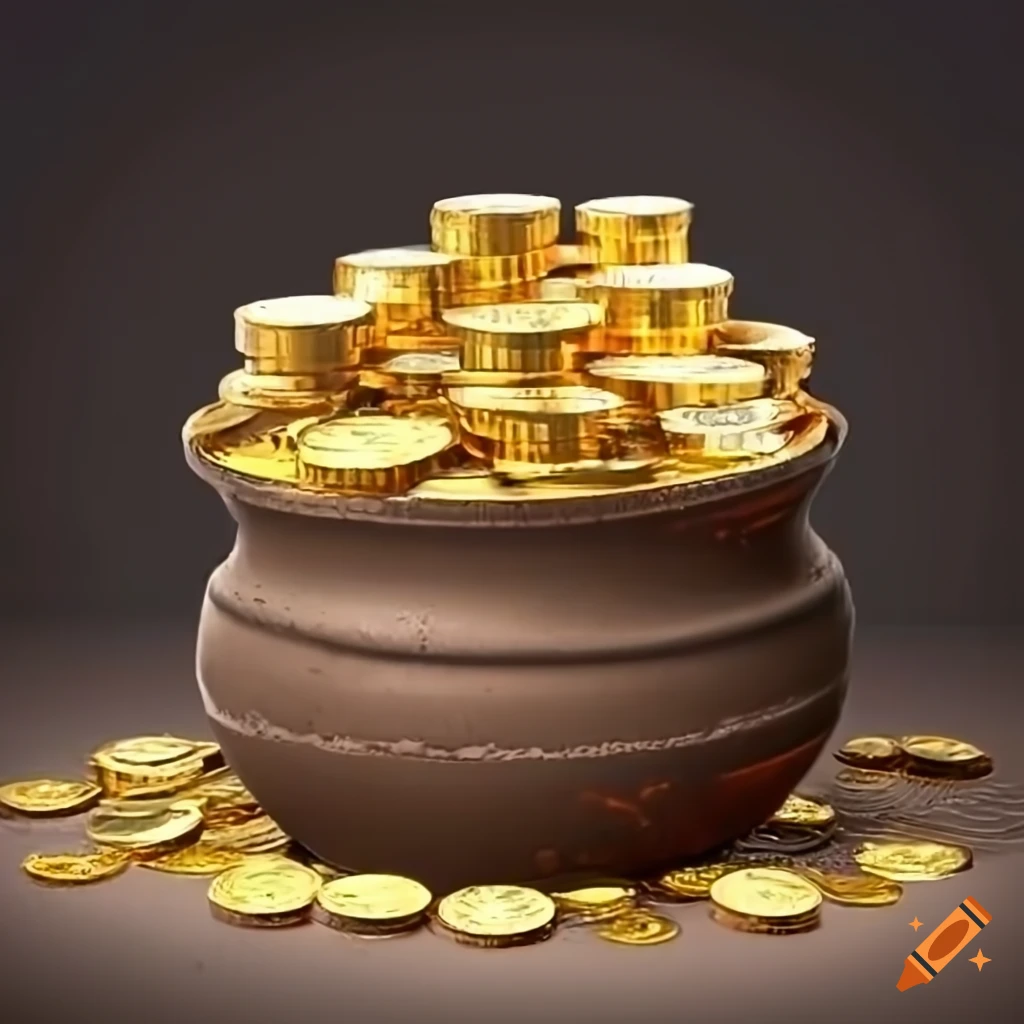 Overflowing gold coins in a round mud pot surrounded by gold coins