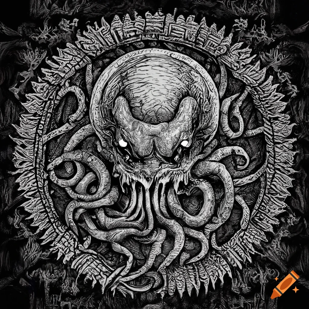 Detailed pen and ink illustration of Cthulhu's head in a circular frame