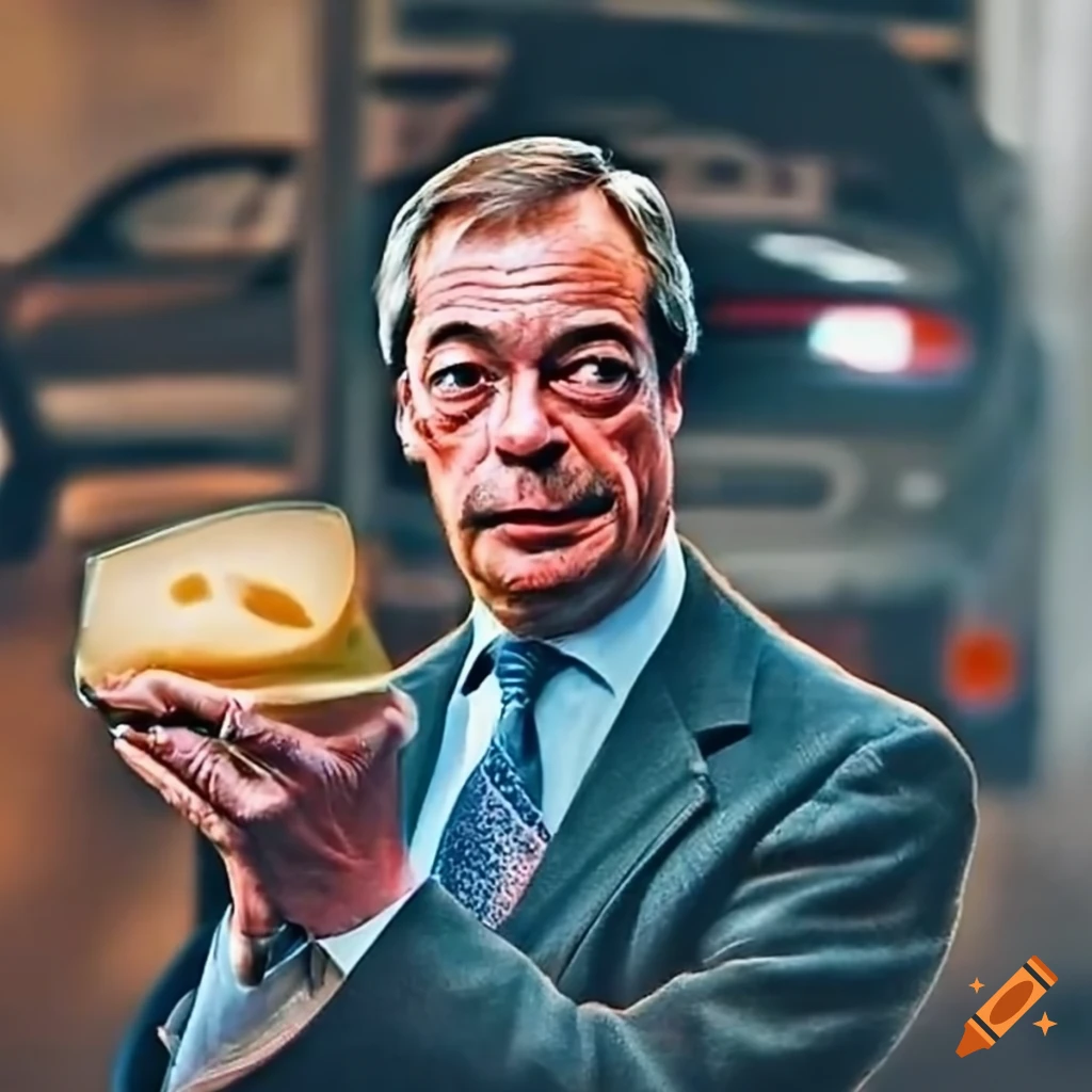 Satirical depiction of Nigel Farage with cheese in a garage setting