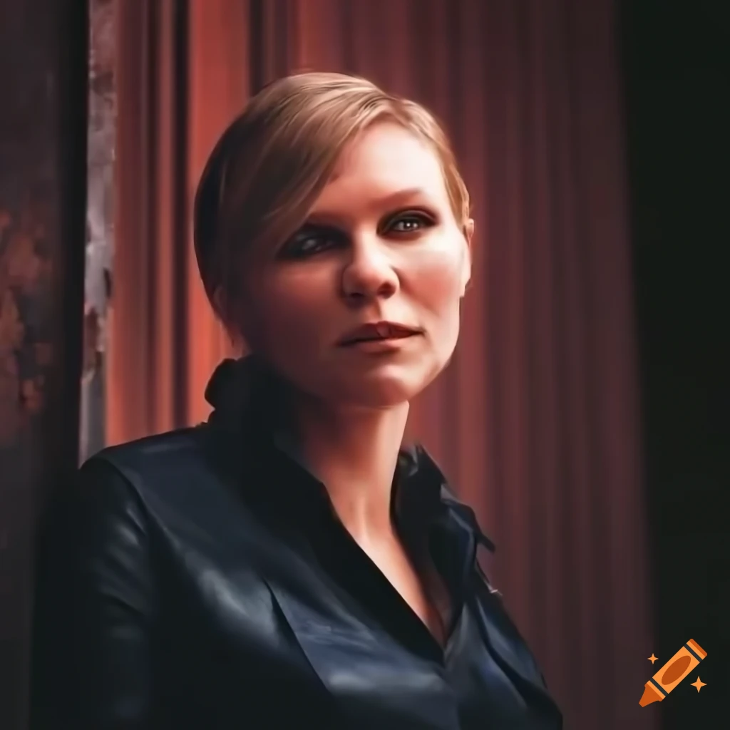 Blonde actress resembling Kirsten Dunst in a country plaid shirt and high-waist black leather trousers peeking through a derelict building door