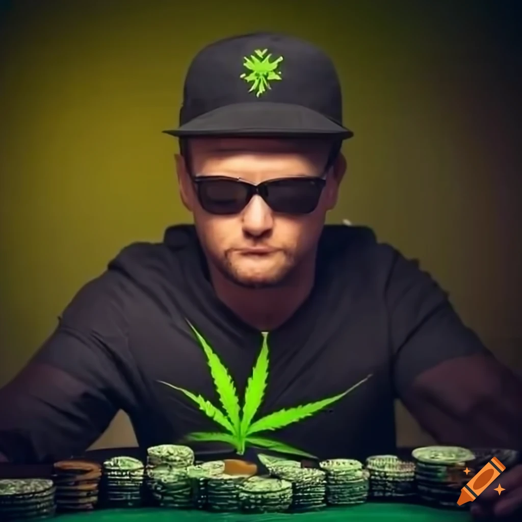Man with a marijuana leaf baseball hat and sunglasses going all in at a poker table