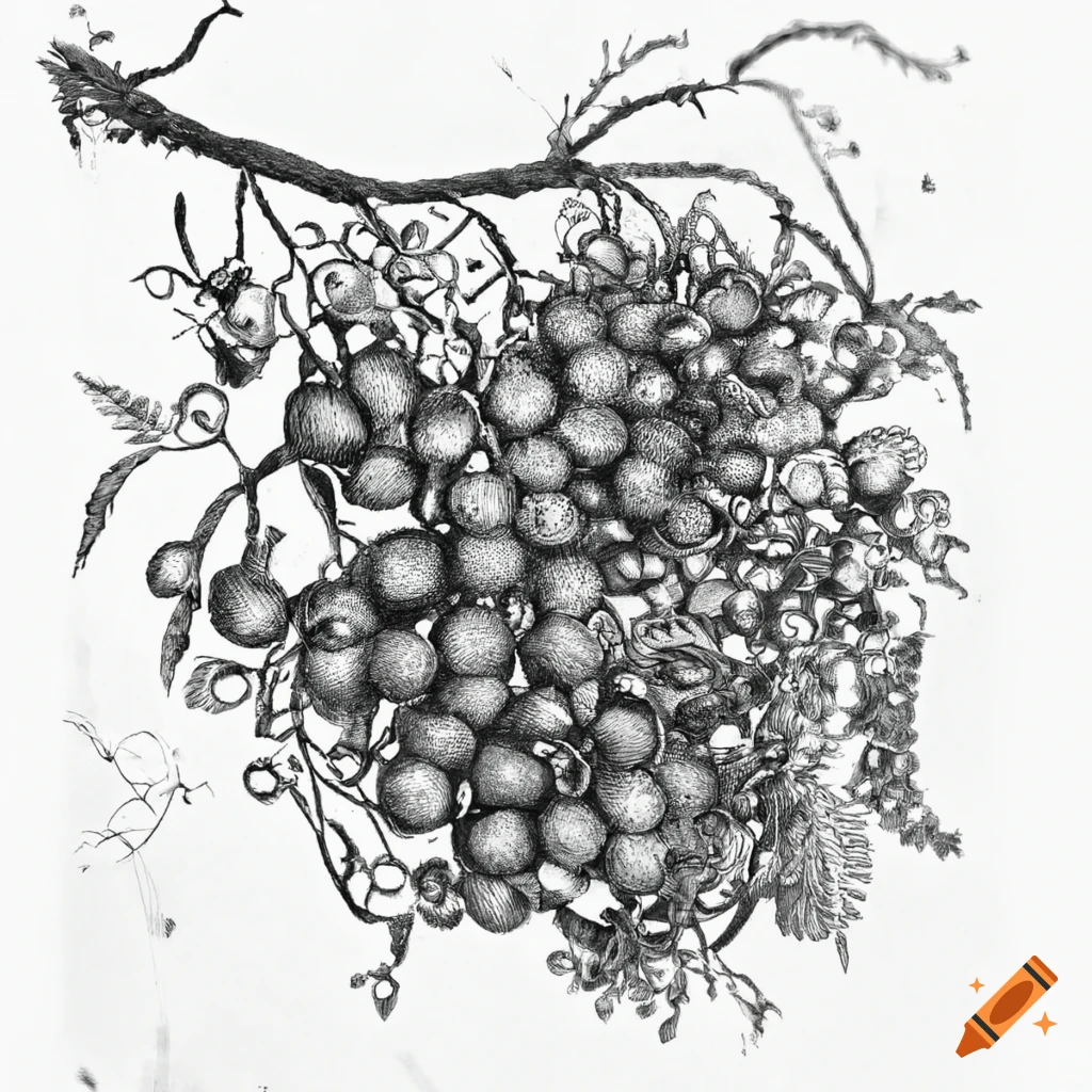 Vibrant elderberry goddess fruit in detailed black and white medieval style drawing