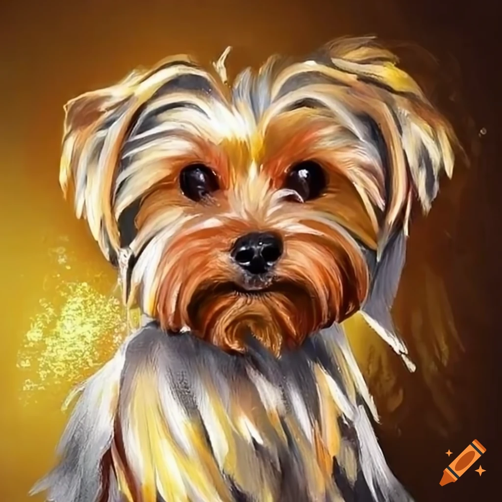 Yorkie mix with angel wings on a gold background