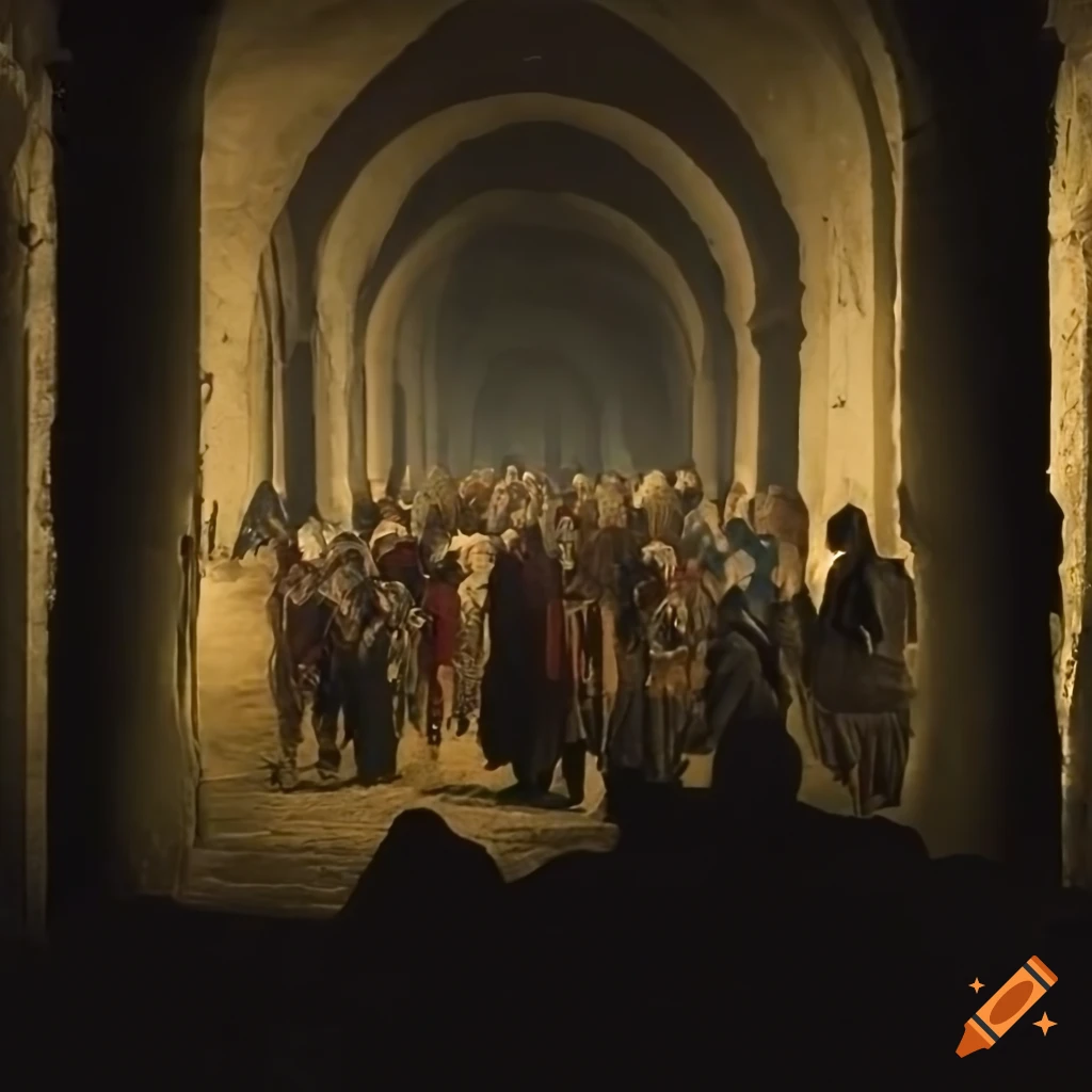 Refugees guided by priestesses and soldiers in an underground hall with high details