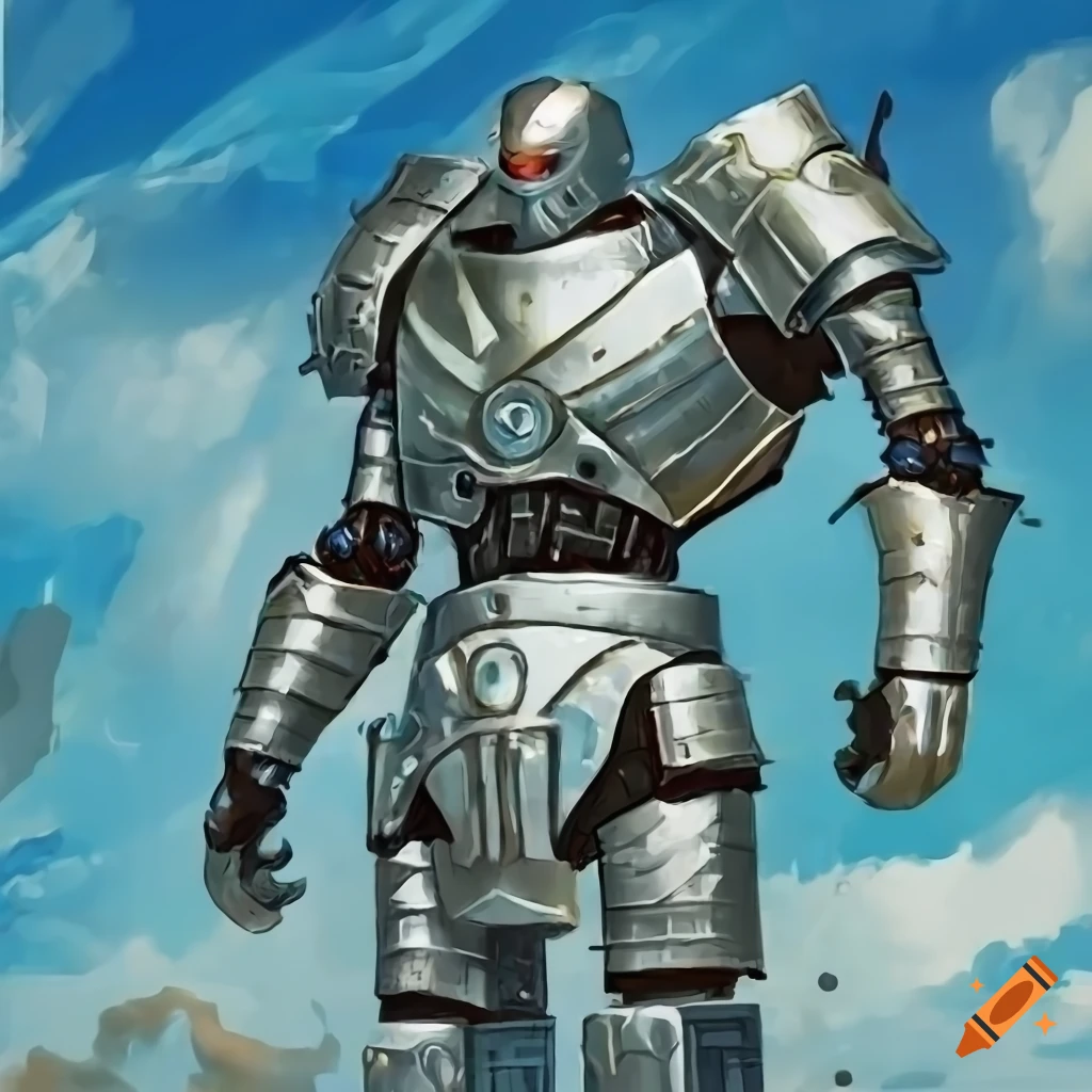 Giant silver robot in medieval-style armor against a blue sky background in Magic: The Gathering