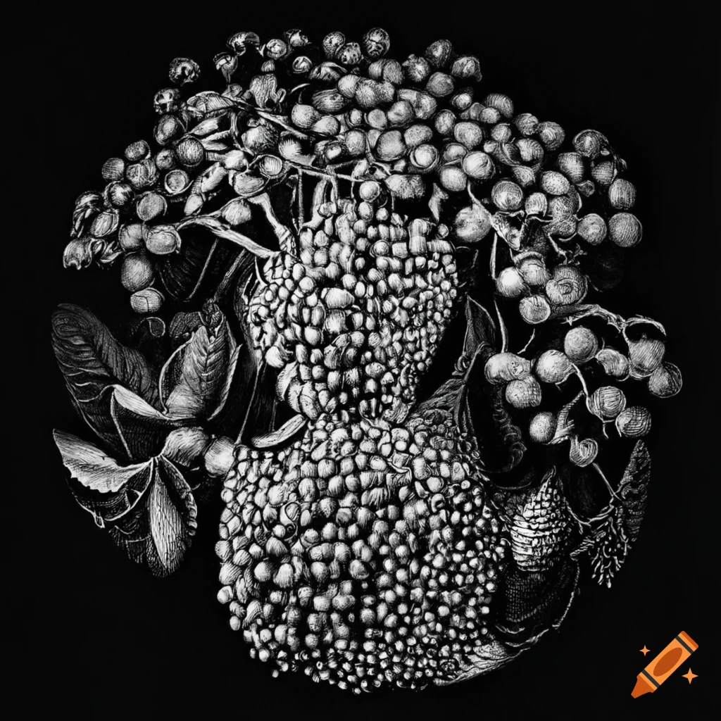 Vibrant elderberry goddess fruit in detailed black and white medieval style drawing
