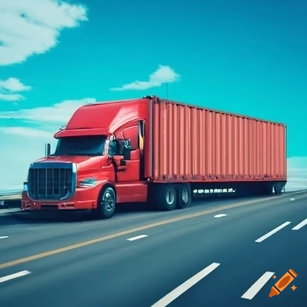 Flatbed truck with shipping container on highway