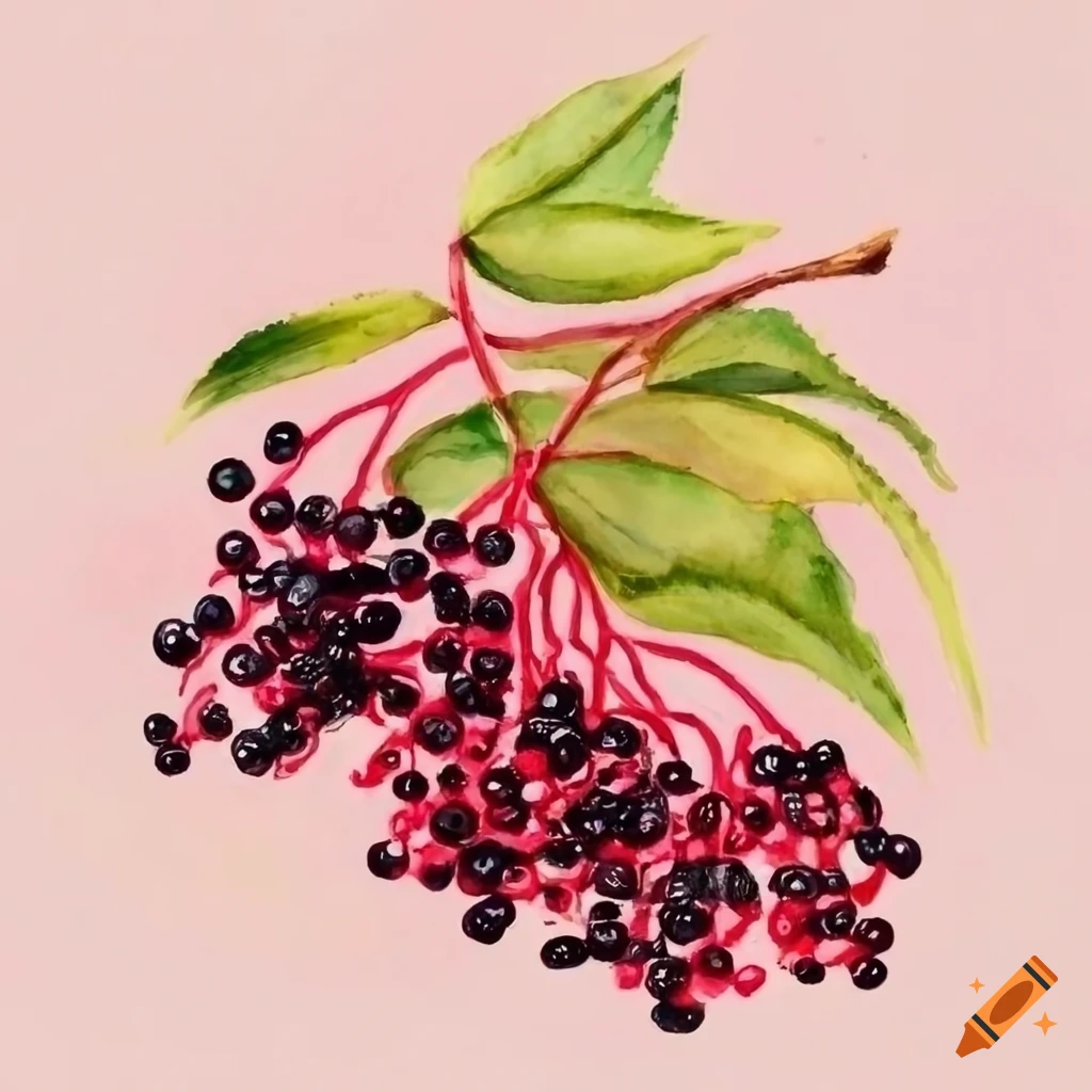 Vibrant older elderberry fruit in detailed watercolor