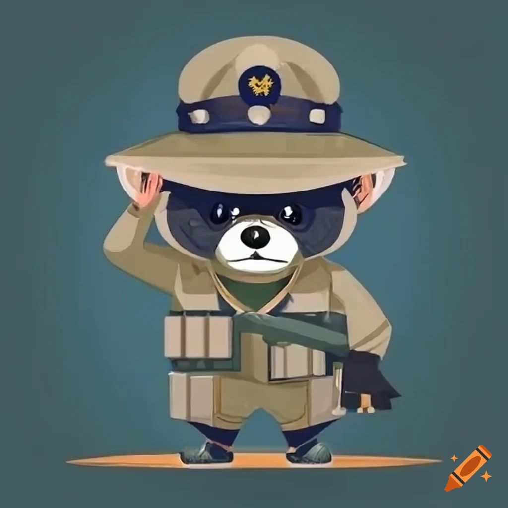 Raccoon in military uniform giving a salute