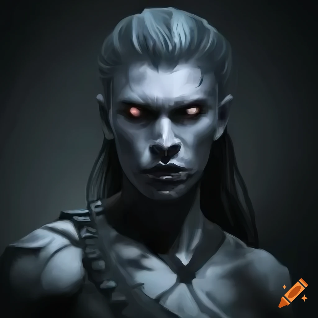 Male warrior depicted in black, gray, and silver tones with cinematic ...
