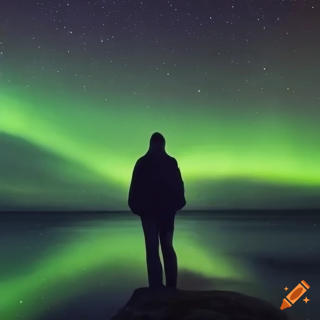 Person gazing at the Northern Lights in a classical art style painting
