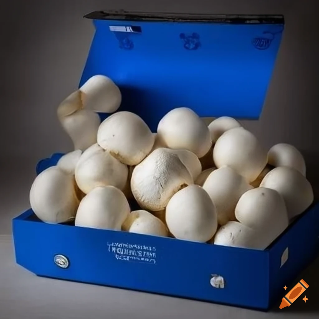 White closed champignons in a blue 3kg box