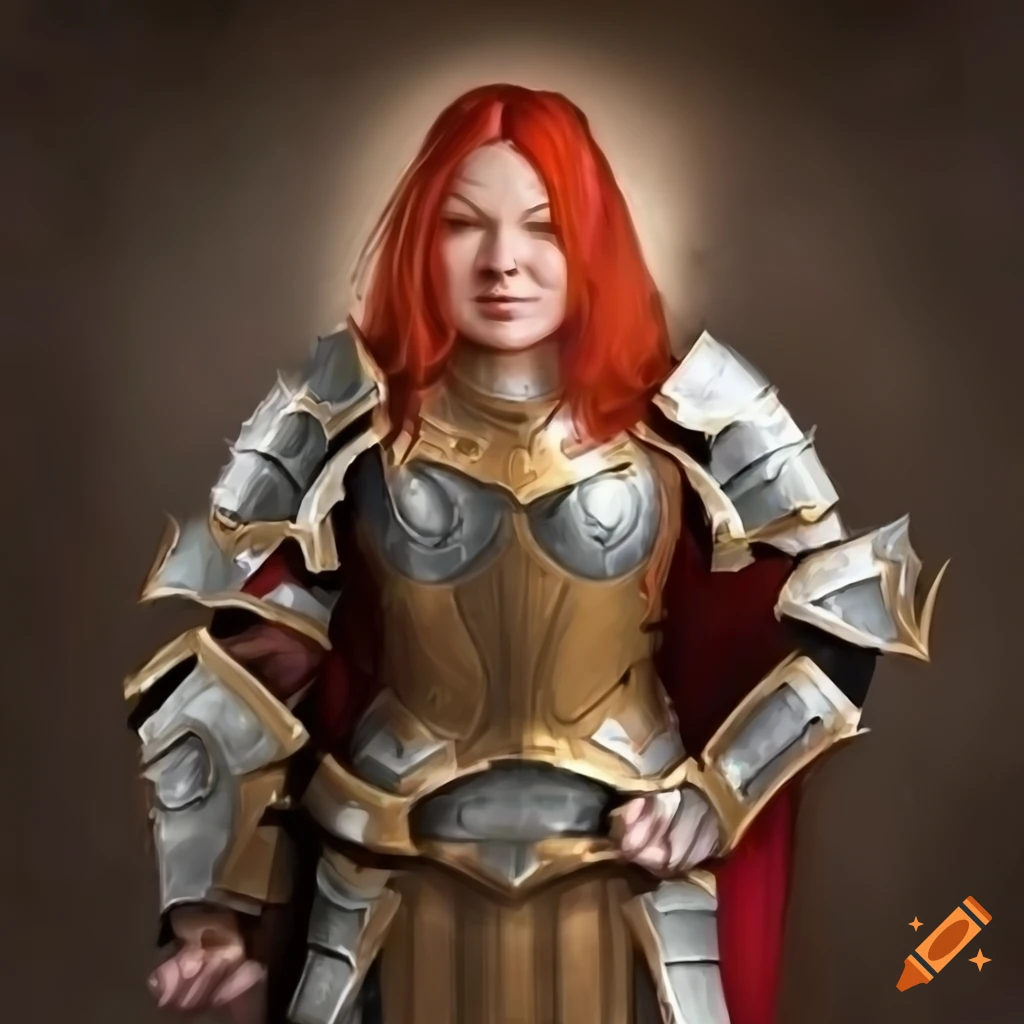 Female dwarf in armor with white skin and bright red hair
