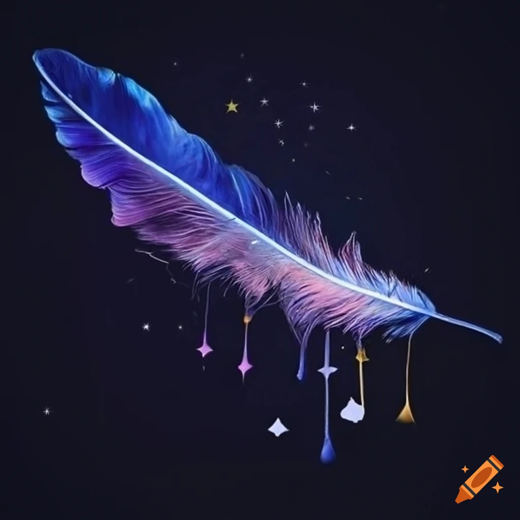 Feather floating among stars with dripping ink, artistic